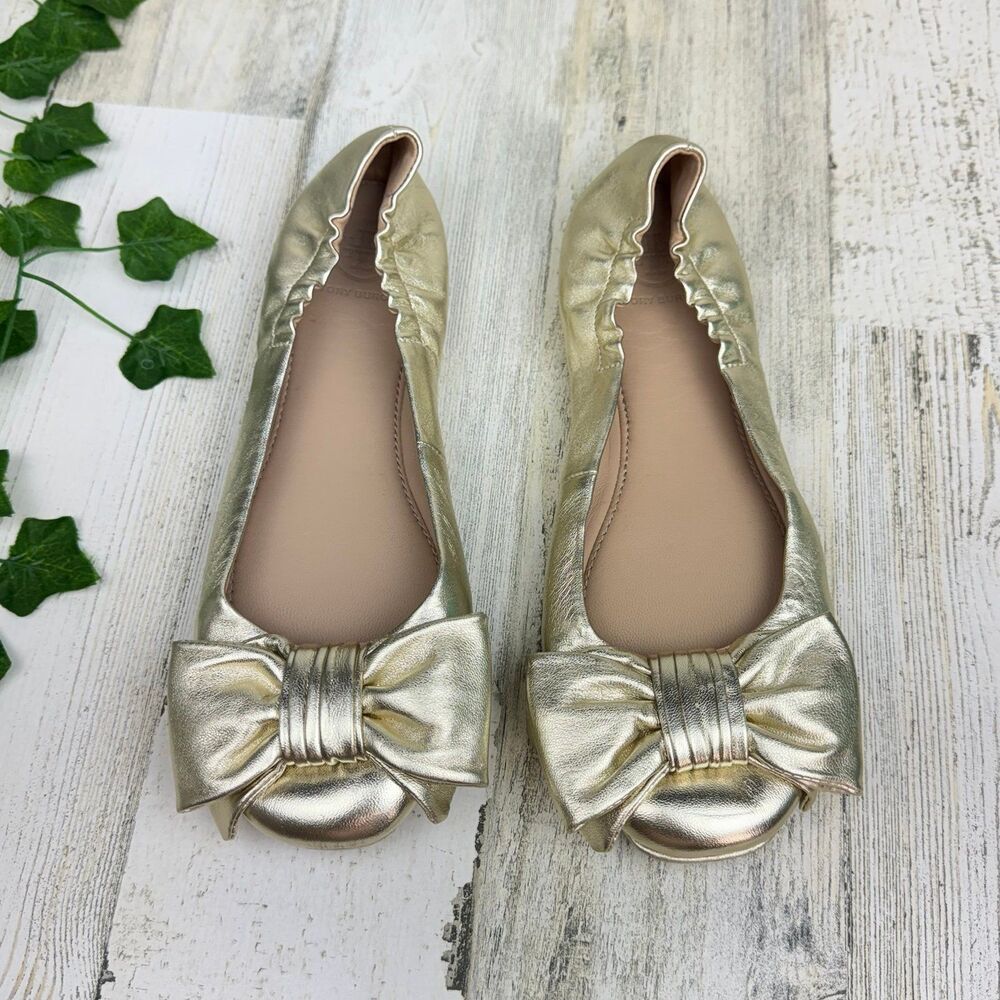 Tory Burch Flats Bow Driver Ballerina Divine Gold Ballet Gold Logo Shoes 6M